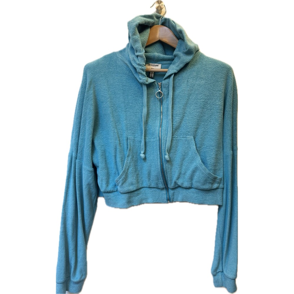 LNA Clothing Women's Light Blue Cropped Full Zip Terry Hoodie Size Medium